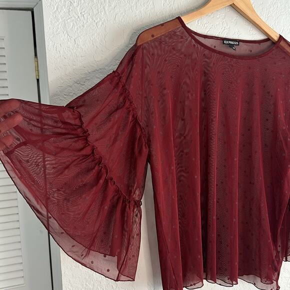 Express Sheer Fairy Top Polka Dot Burgundy Dark Vampire Fall Whimsigoth Large - Picture 3 of 5